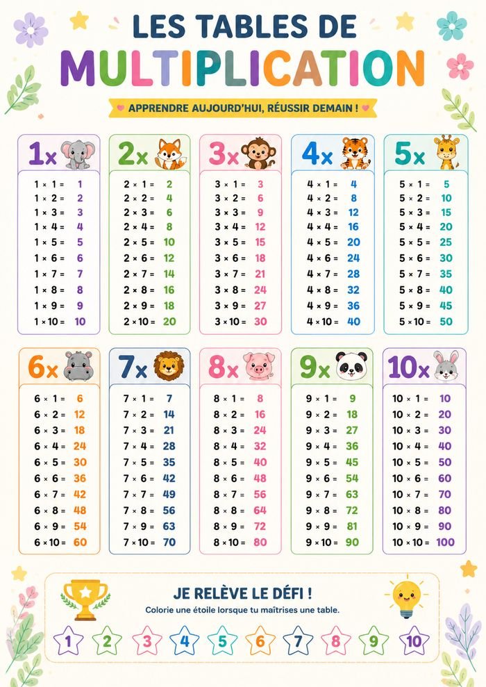 Affiche A4 des tables de multiplication de 1 à 10
