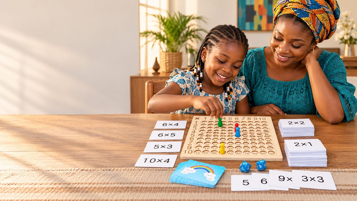 Une maman et sa fille jouent au jeu de multiplication en bois