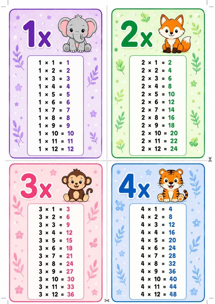 Flashcards des tables de 1 à 4