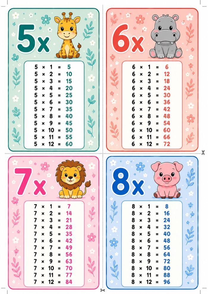 Flashcards des tables de 5 à 8