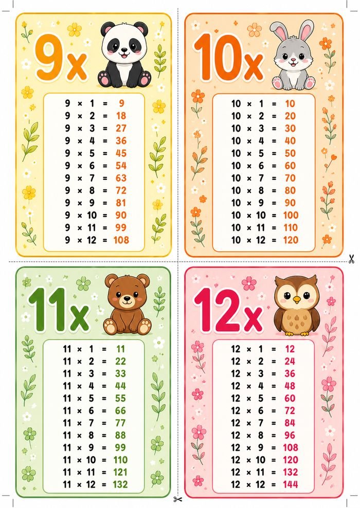 Flashcards des tables de 9 à 12