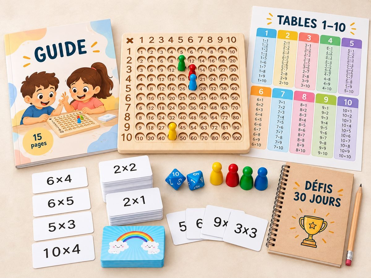 Le kit complet : plateau en bois 1 à 10, pions, dés, cartes, guide pratique, table A4 et cahier Défis 30 jours